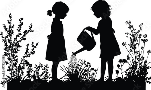 Silhouette, children, gardening, watering, plants, nature, outdoor, fl, environment, black and white, lifestyle, peaceful, countryside, teamwork, learning, minimalistic, nurturing, growth, innocence
