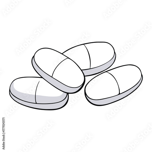 A collection of white pills and tablets scattered neatly on a clean surface, symbolizing medicine, health care, and treatment with a minimalist and clinical look.
