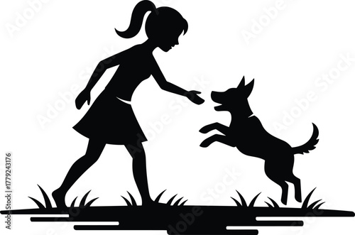 Person playing with dog, silhouette illustration, outdoor joy, black and white art, pet training, grassy field, playful moment, companionship