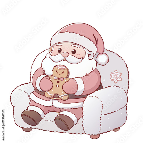 A cheerful illustration of Santa Claus comfortably seated, holding a gingerbread man, with a charming expression that captures the heart of the festive season. 