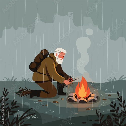 An elderly person in the rain kneels, building a fire with collected wood. Rain falls heavily on the scene