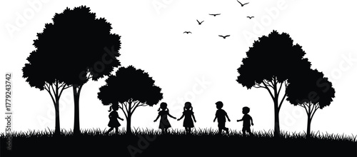 Silhouette, children, holding hands, nature, trees, grass, outdoor, park, birds, peaceful, countryside, black and white, lifestyle, scenic, bonding, freedom, minimalistic, calm, unity, friendship