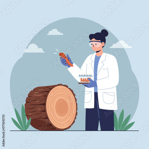 A scientist in a lab coat studies insects, near a tree trunk, with grass and clouds, a nature scene