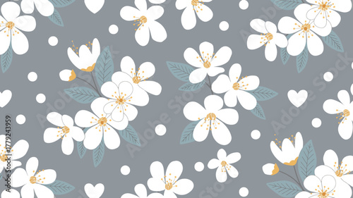 Delicate pattern of white cherry blossoms with grey leaves on grey background