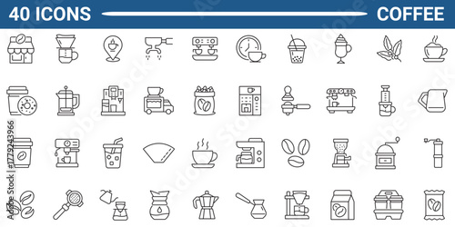 Coffee Web Icon Set in Line or outline Style. Icon For Web and Mobile App. Linear icon collection. Editable stroke. Vector illustration.