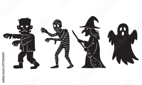 Halloween Silhouette Collection – Frankenstein, Mummy, Witch, Ghost Icons in Black