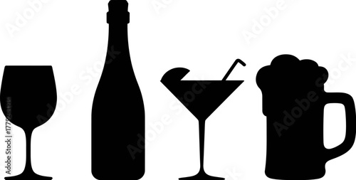 Diverse collection of beverage silhouettes including wine glass, bottle, cocktail, and beer mug