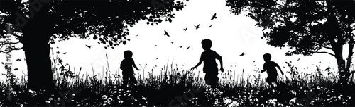 Silhouette, children, playing, nature, trees, grass, outdoor, park, freebirds, wildflowers, black and white, lifestyle, scenic, peaceful, countryside, minimalistic, childhood, exploration, innocence