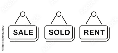 Real estate signs Sale, Sold, Rent. Minimalist icons for property transactions and rental listings