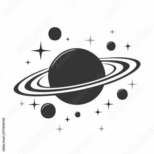 Minimalist black silhouette illustration of a saturn like planet with wide prominent rings evoking a sense of cosmic wonder and celestial beauty in a clean modern design