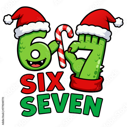 A whimsical illustration of the numbers 'Six' and 'Seven', adorned with festive holiday cheer and a sweet candy cane, perfect for seasonal designs.