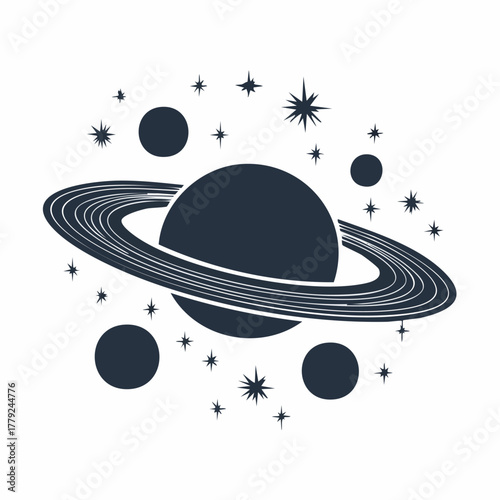 Minimalist black silhouette illustration of a saturn like planet with prominent wide rings evoking a sense of cosmic wonder and simplicity in space