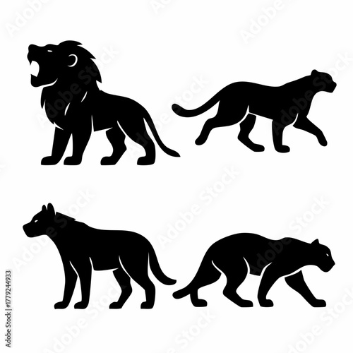 Set of four distinct african animal silhouettes including a powerful lion a swift cheetah a cunning hyena and a sleek black panther presented as flat black vector icons