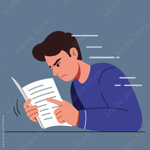 A frustrated person intensely reads a document, pointing at it with a furrowed brow. Lines suggest intense concentration