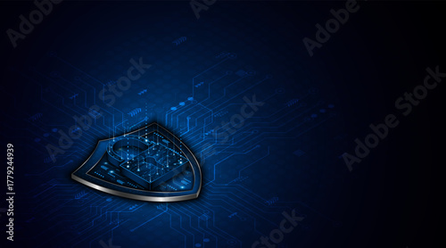 Cyber ​​security concept with shield symbol and lock. Data protection and cyber privacy. Innovative concept of advanced safety technology	