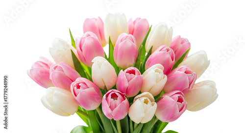 Elegant bouquet of pink and white tulips isolated on transparent background, a perfect gift for any special occasion