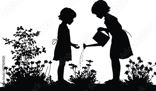 Silhouette, children, watering, plants, garden, nature, outdoor, flowers, care, environment, black and white, lifestyle, peaceful, countryside, teamwork, learning,t nurturing, growth, interaction