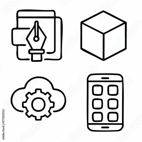 Set of four editable line icons representing product design minimum viable product saas platforms and mobile application development workflows