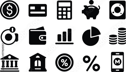 Finance and economy icons set for business and investment illustration