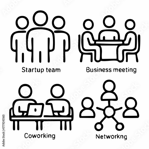 Modern thin line editable icons representing startup team collaboration business meeting discussions coworking space dynamics and professional networking connections