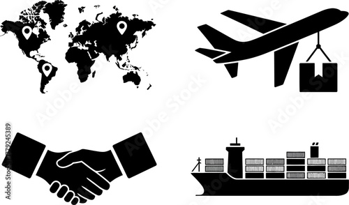 Global logistics and international trade icons symbolizing shipping, air transport, and partnership.
