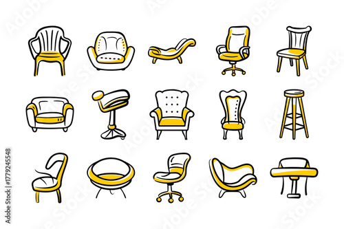 Yellow and Black Chair Icons – Furniture, Sofa, and Armchair Vector Collection