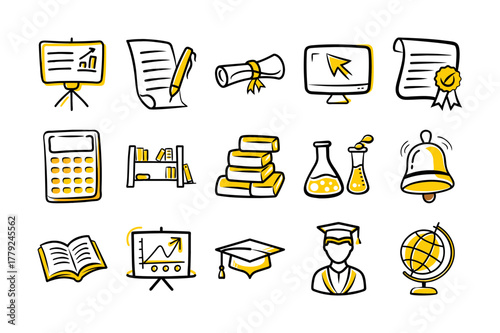 Yellow Education and School Icons Set – Learning, Study, and Academic Vector Design