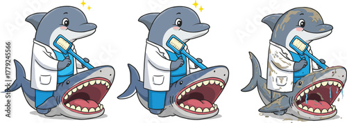 Cute dolphin dentist cleaning shark teeth illustration, funny ocean animal cartoon, marine life dental care concept, hygiene and underwater friendship art