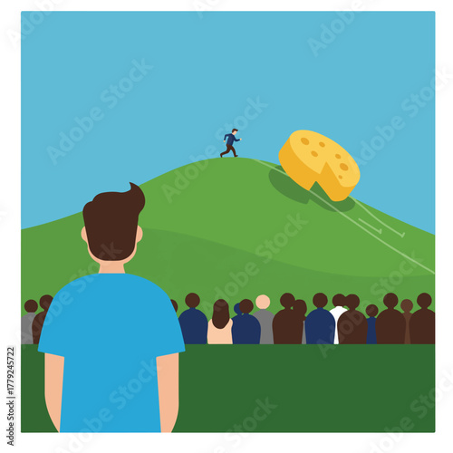 A person in a blue shirt is observing a crowd and a running figure, with cheese rolling down a hill