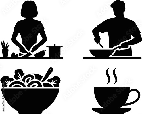 Silhouettes of people preparing food and enjoying a hot beverage, representing healthy eating and relaxation.
