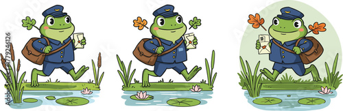 Cute frog postman walking on lily pond, carrying mail and autumn leaves, adorable cartoon animal mail carrier illustration art