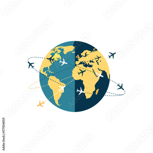 Airplanes fly around the world showing global travel and connections in a simple, clean style, representing exploration and adventure.