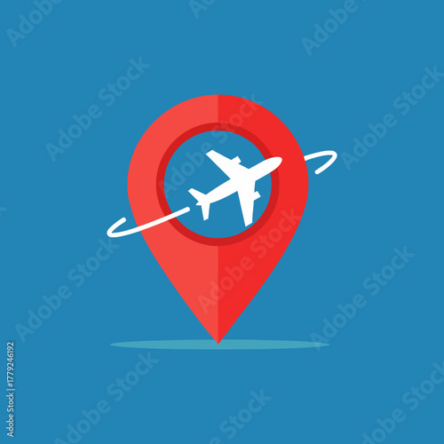 Airplane flies around red location pin on blue backdrop, representing travel destination with simple and modern aesthetic.