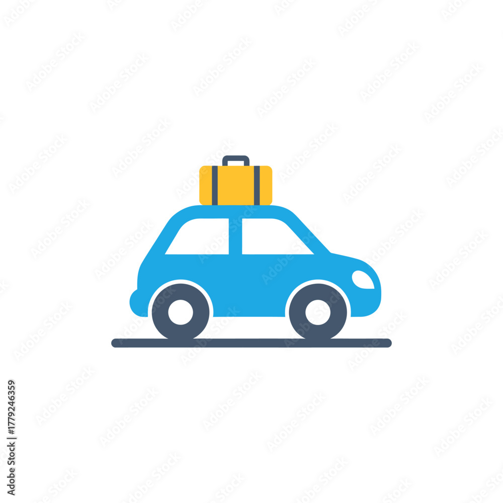 Fototapeta premium Blue car carrying yellow suitcase on roof driving on road symbolizing vacation travel and adventure.