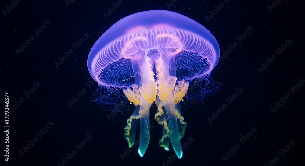 Obraz premium Translucent jellyfish drifting in deep blue with luminous bell and tendrils