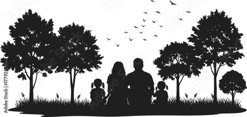 Silhouette, family, sitting, nature, grass, trees, outdoor, park, birds, peaceful, countryside, black and white, lifestyle, scenic, bonding, freedonm, minimalistic, calm, togetherness, affection
