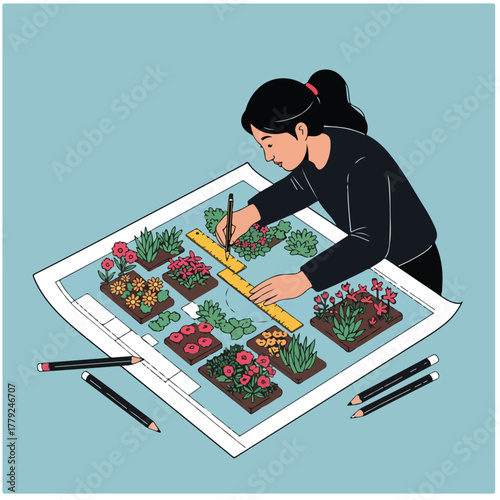 A woman creates a garden design using a ruler, pencil, and blueprint, surrounded by pencils and different flowers