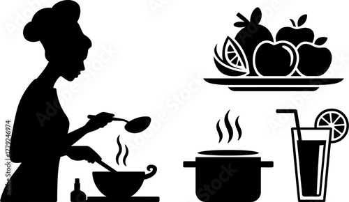 Silhouette of a chef preparing food with fresh ingredients and a refreshing drink