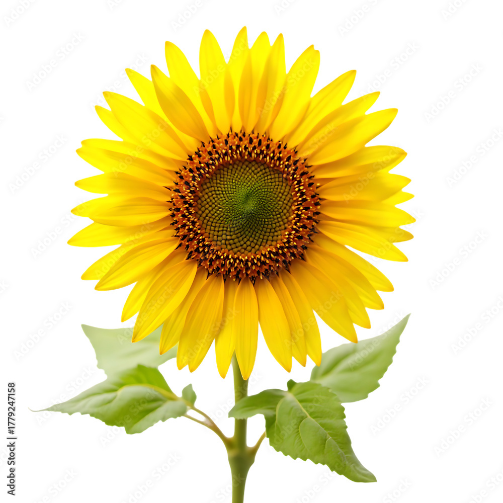 Obraz premium Bright Yellow Sunflower with Green Leaves in Full Bloom on Transparent Background