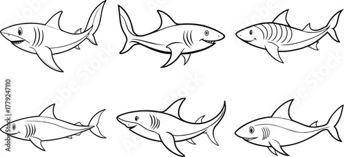 Set of shark outline vector for marine and cartoon design
