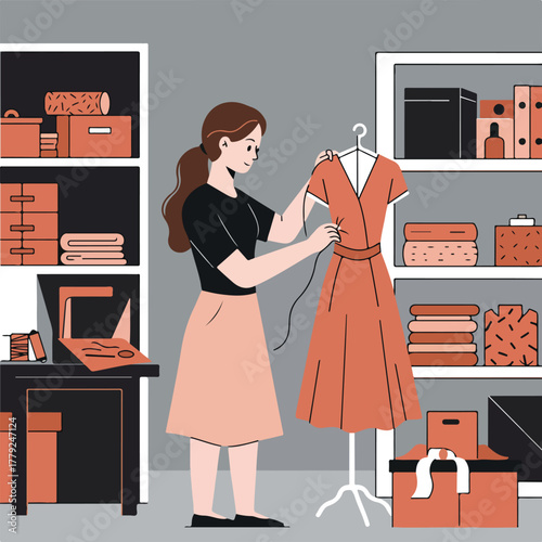 A woman sews a dress on a mannequin in a studio with shelves of supplies