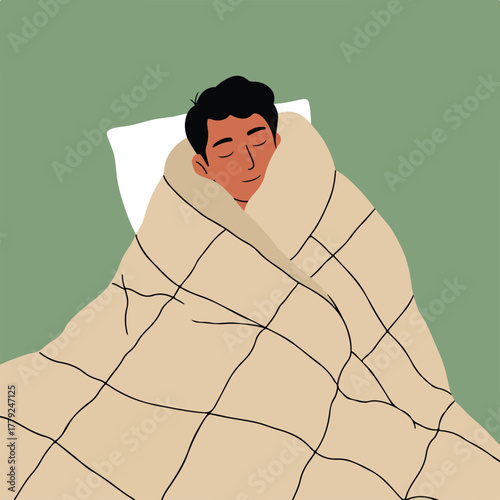 Illustration of a person sleeping peacefully under a beige blanket. The background is a soft green