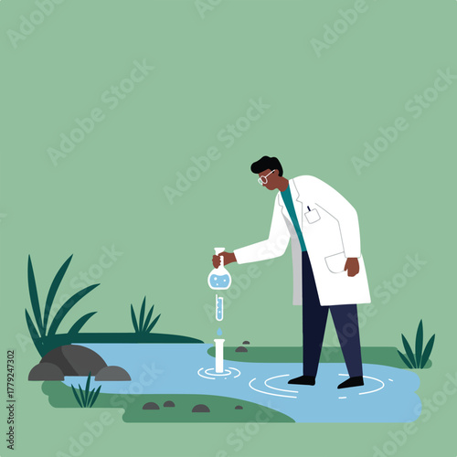 An illustration shows a scientist sampling water, using laboratory equipment near a stream, demonstrating water quality analysis