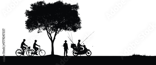 Silhouette, tree, bicycle, motorcycle, fishing rods, outdoor, leisure, park, nature, people, activity, countryside, travel, hobby, adventure, freedom, black and white, lifestyle, scenic, peaceful