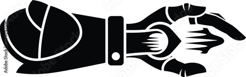 Stylized image of robot arm pointing direction with metallic design and bold black strokes