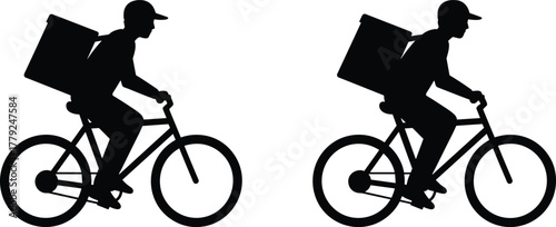 Two delivery cyclists silhouette, black vector illustration, urban courier duo, backpack transport, helmet riders, gig economy, fast service, city logistics