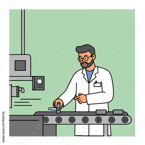 A man in a lab coat operates machinery. Conveyor belt and controls are visible, illustrating an industrial process