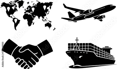 Global business connections and logistics with airplane, ship, and handshake symbols