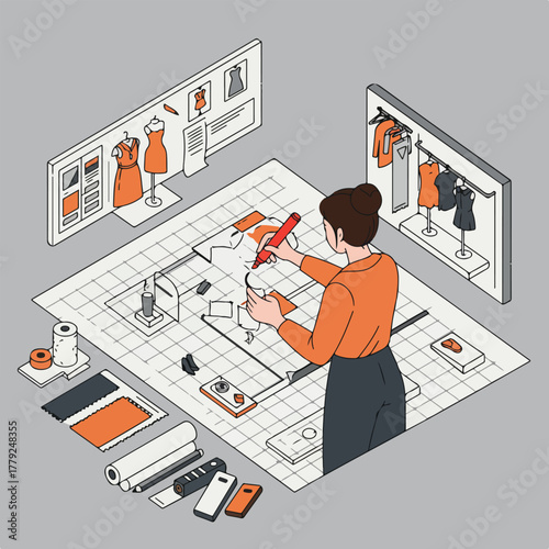 An isometric illustration features a designer sketching dress patterns on a grid with fabrics, notions, and finished designs visible