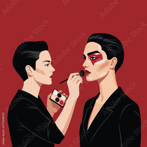 Two women, one applying makeup to the other with brush. Bold red tones with black outfits. Stylized